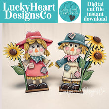 Load image into Gallery viewer, Scarecrow Pair Sunflowers Standing File SVG, Glowforge Fall, Pumpkin Farm, Girl, Boy, Autumn, Gourd, Decor, Tiered Tray, LuckyHeartDesignsCo