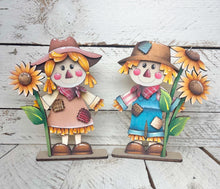 Load image into Gallery viewer, Scarecrow Pair Sunflowers Standing File SVG, Glowforge Fall, Pumpkin Farm, Girl, Boy, Autumn, Gourd, Decor, Tiered Tray, LuckyHeartDesignsCo