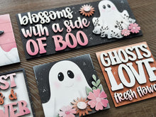 Load image into Gallery viewer, Ghost Flower Interchangeable Leaning Sign File SVG, Glowforge Tiered Tray, Halloween, Boo, Pumpkin, Sunflower, Daisy, LuckyHeartDesignsCo