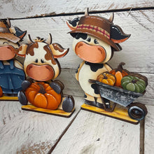 Load image into Gallery viewer, Dairy Cow Pumpkin Standing File SVG, Wheelbarrow, Scarecrow, Leaves, Autumn, Farm, Tiered Tray Glowforge, LuckyHeartDesignsCo