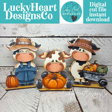 Load image into Gallery viewer, Dairy Cow Pumpkin Standing File SVG, Wheelbarrow, Scarecrow, Leaves, Autumn, Farm, Tiered Tray Glowforge, LuckyHeartDesignsCo