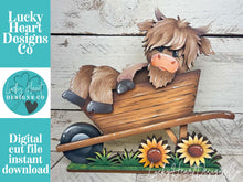 Load image into Gallery viewer, Highland Wheelbarrow Fall Standing File SVG, Glowforge, Cow, Summer, Sunflower, Fall, Flower, Farm, Tiered Tray LuckyHeartDesignsCo