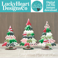 Load image into Gallery viewer, Patchwork Christmas Standing Tree File SVG, Bow, Fabric, Holly, mantle decor, Centerpiece, glowforge, LuckyHeartDesignsCo