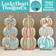 Load image into Gallery viewer, Fall Stacking Standing Pumpkins File SVG, Floral, Leafy, Sweater, Flower, Halloween, Plaid, Fall Glowforge, LuckyHeartDesignsCo
