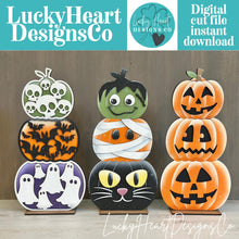 Load image into Gallery viewer, Stacking Pumpkins Halloween Faces Reversible File SVG, Cat, Mummy, Frankenstein, Fall, Glowforge, LuckyHeartDesignsCO