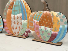 Load image into Gallery viewer, Patchwork Pumpkin Trio Standing File SVG, Floral, Leafy, Sunflower, Bow, Leaves, Fall Glowforge, LuckyHeartDesignsCo