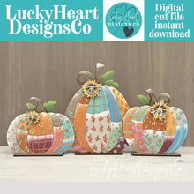 Load image into Gallery viewer, Patchwork Pumpkin Trio Standing File SVG, Floral, Leafy, Sunflower, Bow, Leaves, Fall Glowforge, LuckyHeartDesignsCo