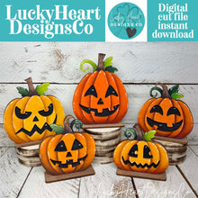 Load image into Gallery viewer, Standing Halloween Jack-o-lantern Pumpkin Standing File SVG, Scary, Cute, Funny, Face, Ghost, Tiered Tray Glowforge, LuckyHeartDesignsCo