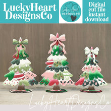 Load image into Gallery viewer, Patchwork Christmas Standing Tree File SVG, Bow, Fabric, Holly, mantle decor, Centerpiece, glowforge, LuckyHeartDesignsCo