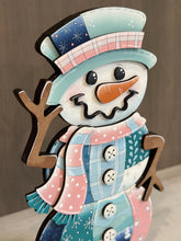 Load image into Gallery viewer, Patchwork Snowman Standing File SVG, Reversible, Hat, Scarf, Snowmen, Glowforge Winter Decor, Fall, Craft, LuckyHeartDesignsCo