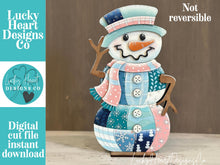 Load image into Gallery viewer, Patchwork Snowman Standing File SVG, Reversible, Hat, Scarf, Snowmen, Glowforge Winter Decor, Fall, Craft, LuckyHeartDesignsCo