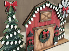 Load image into Gallery viewer, Farm Barn Christmas Standing File SVG, Glowforge, Santa, Windmill, Tree, Lights, Wreath, LuckyHeartDesignsCO