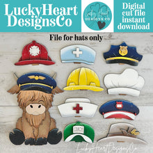 Load image into Gallery viewer, Animal Hats Professions Interchangeable File SVG, add on Fireman, Construction, Nurse, Coach, Police, Pilot, Glowforge, LuckyHeartDesignsCo