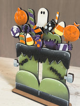 Load image into Gallery viewer, Halloween Candy Boot Standing File SVG, Sucker, Ghost, Pumpkin, Candy Corn, Glowforge, Holiday, Tiered Tray LuckyHeartDesignsCo