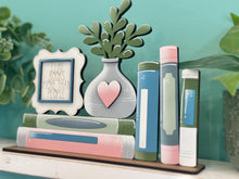 Load image into Gallery viewer, Books Shelf Sitter Standing Sign File SVG, Book, Reading, Plant, Succulent Library Mantle decor, Centerpiece, glowforge, LuckyHeartDesignsCo