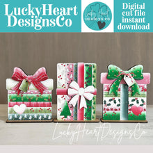Load image into Gallery viewer, Patchwork Christmas Present Box Standing File SVG, Holiday Gift, Santa, Glowforge, LuckyHeartDesignsCo
