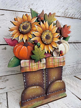 Load image into Gallery viewer, Fall Foliage Standing Boots Sign File SVG, Floral, Leaf, Pumpkin, Leaves, Sunflower, Berries, Gourd, Glowforge, LuckyHeartDesignsCo