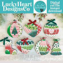 Load image into Gallery viewer, Patchwork Christmas Ornament File SVG, Craft, Kids, Gingerbread, Stocking, Heart, Candy Cane, Plaid, Holly, Glowforge, LuckyHeartDesignsCo