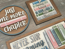 Load image into Gallery viewer, Book Reading Sign Trio File SVG, Read, School, Story, Librarian, Library, Glowforge, LuckyHeartDesignsCo