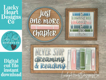 Load image into Gallery viewer, Book Reading Sign Trio File SVG, Read, School, Story, Librarian, Library, Glowforge, LuckyHeartDesignsCo
