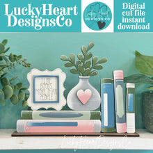 Load image into Gallery viewer, Books Shelf Sitter Standing Sign File SVG, Book, Reading, Plant, Succulent Library Mantle decor, Centerpiece, glowforge, LuckyHeartDesignsCo