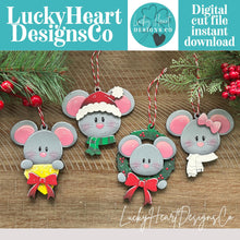 Load image into Gallery viewer, Mouse Merry Christmas Ornament File SVG, File SVG, Cheese, Bow, Wreath, Santa, Tree, Glowforge, Grandparents, LuckyHeartDesignsCo