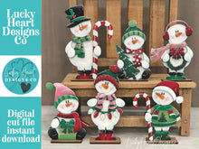 Load image into Gallery viewer, Happy Snowman Christmas Standing File SVG, Santa, Winter, Candy Cane, Snowmen, Wreath, Rudolph, Centerpiece glowforge LuckyHeartDesignsCo