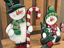 Load image into Gallery viewer, Happy Snowman Christmas Standing File SVG, Santa, Winter, Candy Cane, Snowmen, Wreath, Rudolph, Centerpiece glowforge LuckyHeartDesignsCo