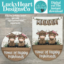 Load image into Gallery viewer, Happy Highland Holiday Door Sign Interchangeable File, SVG Cow, Farm, Fence, Home, Seasonal, Home, Welcome, glowforge