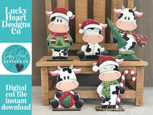 Load image into Gallery viewer, Dairy Cow Christmas Standing Set File SVG, Elf, Sweater, Santa, Holiday, Tree, Ornament, Farm, Tiered Tray Glowforge, LuckyHeartDesignsCo