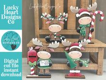 Load image into Gallery viewer, Happy Moose Christmas Standing Sign File SVG, Elf Reindeer Santa, Sweater Reindeer Mantle decor, Centerpiece, glowforge, LuckyHeartDesignsCo