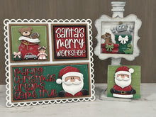 Load image into Gallery viewer, Santa Toy Workshop Interchangeable Leaning Sign File SVG, Glowforge Christmas Tiered Tray Teddy Bear Baby doll Presents, LuckyHeartDesignsCO