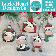 Load image into Gallery viewer, Dairy Cow Christmas Ornament File SVG, Glowforge, Cow, Cowbell, Farm, LuckyHeartDesignsCo