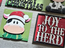 Load image into Gallery viewer, Dairy Cow Christmas Interchangeable Leaning Sign File SVG, Farm Tree, Glowforge, Santa, LuckyHeartDesignsCO