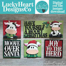 Load image into Gallery viewer, Dairy Cow Christmas Interchangeable Leaning Sign File SVG, Farm Tree, Glowforge, Santa, LuckyHeartDesignsCO