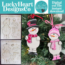 Load image into Gallery viewer, Snowman Pair Pop Out Christmas Ornament Craft File SVG, Winter, Build Your Own, Christmas, Kids Craft, Glowforge, LuckyHeartDesignsCo