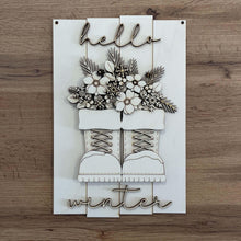Load image into Gallery viewer, Winter Boot Foliage Door Hanger Sign File SVG, flower, Floral, Snowflake Tree, Holly, Greens, Pinecone, Glowforge, LuckyHeartDesignsCo