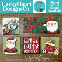 Load image into Gallery viewer, Santa Toy Workshop Interchangeable Leaning Sign File SVG, Glowforge Christmas Tiered Tray Teddy Bear Baby doll Presents, LuckyHeartDesignsCO