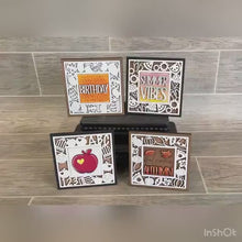 Load and play video in Gallery viewer, MINI Seasonal Interchangeable Frame Leaning Sign File SVG, Tiered Tray Glowforge, LuckyHeartDesignsCo