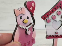 Load and play video in Gallery viewer, Valentine Birds Standing File SVG, Glowforge, Birdhouse, Heart, Love, Flowers, Balloon, Tiered Tray LuckyHeartDesignsCo