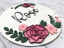 Load image into Gallery viewer, Rose Floral file SVG, Glowforge, Flower Round Name Sign, LuckyHeartDesignsCo