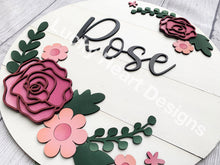 Load image into Gallery viewer, Rose Floral file SVG, Glowforge, Flower Round Name Sign, LuckyHeartDesignsCo