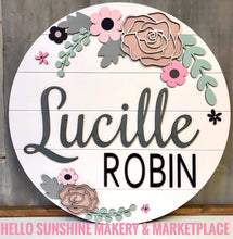 Load image into Gallery viewer, Rose Floral file SVG, Glowforge, Flower Round Name Sign, LuckyHeartDesignsCo