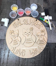 Load image into Gallery viewer, Valentines Owl Round Craft Kit FILE SVG, Glowforge door hanger