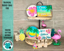Load image into Gallery viewer, Tropical Tiered Tray File SVG Glowforge Flamingo Island Tier Tray, Lucky Heart Designs