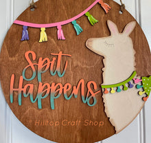 Load image into Gallery viewer, Spit Happens Llama Door Hanger File SVG, Glowforge Laser, LuckyHeartDesignsCo