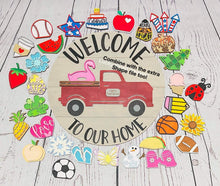 Load image into Gallery viewer, Interchangeable Truck With 12 Shapes Sign File SVG, Shiplap Door Hanger, Glowforge Laser, LuckyHeartDesignsCo