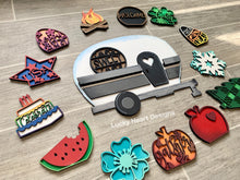 Load image into Gallery viewer, Standing Interchangeable Camper File SVG, Camping Sign File, Seasonal Shapes, LuckyHeartDesignsCo