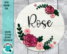 Load image into Gallery viewer, Rose Floral file SVG, Glowforge, Flower Round Name Sign, LuckyHeartDesignsCo