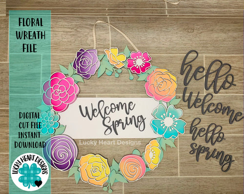 Floral Wreath File SVG, Glowforge, Spring decor, Flowers, Lucky Heart Designs